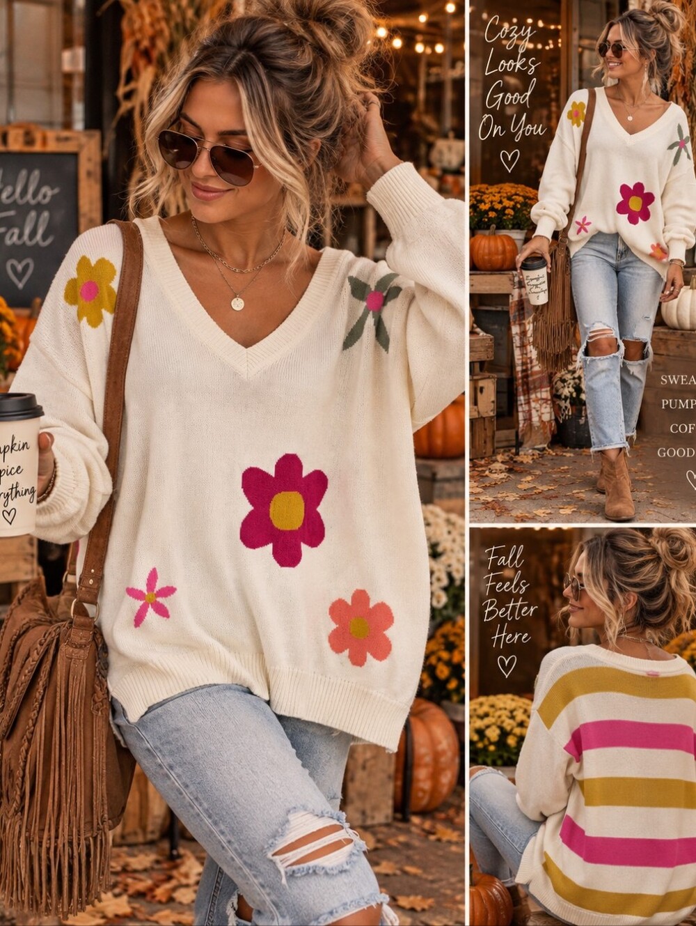 Tribal Jeans Size L Ivory Retro Floral V-Neck Sweater Boho Flower Power Knit
